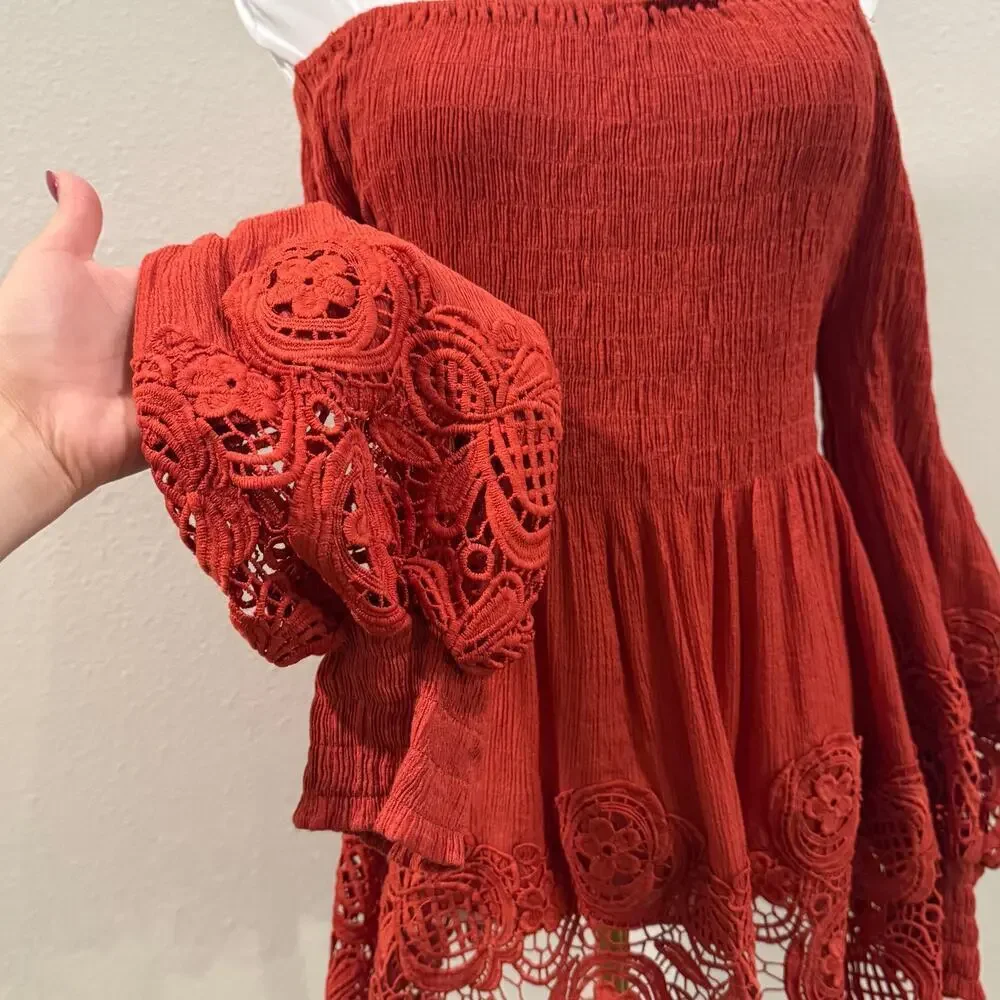 Off Shoulder Orange Smocked Long Sleeve Lace Crochet Shirt Large Peasant Boho